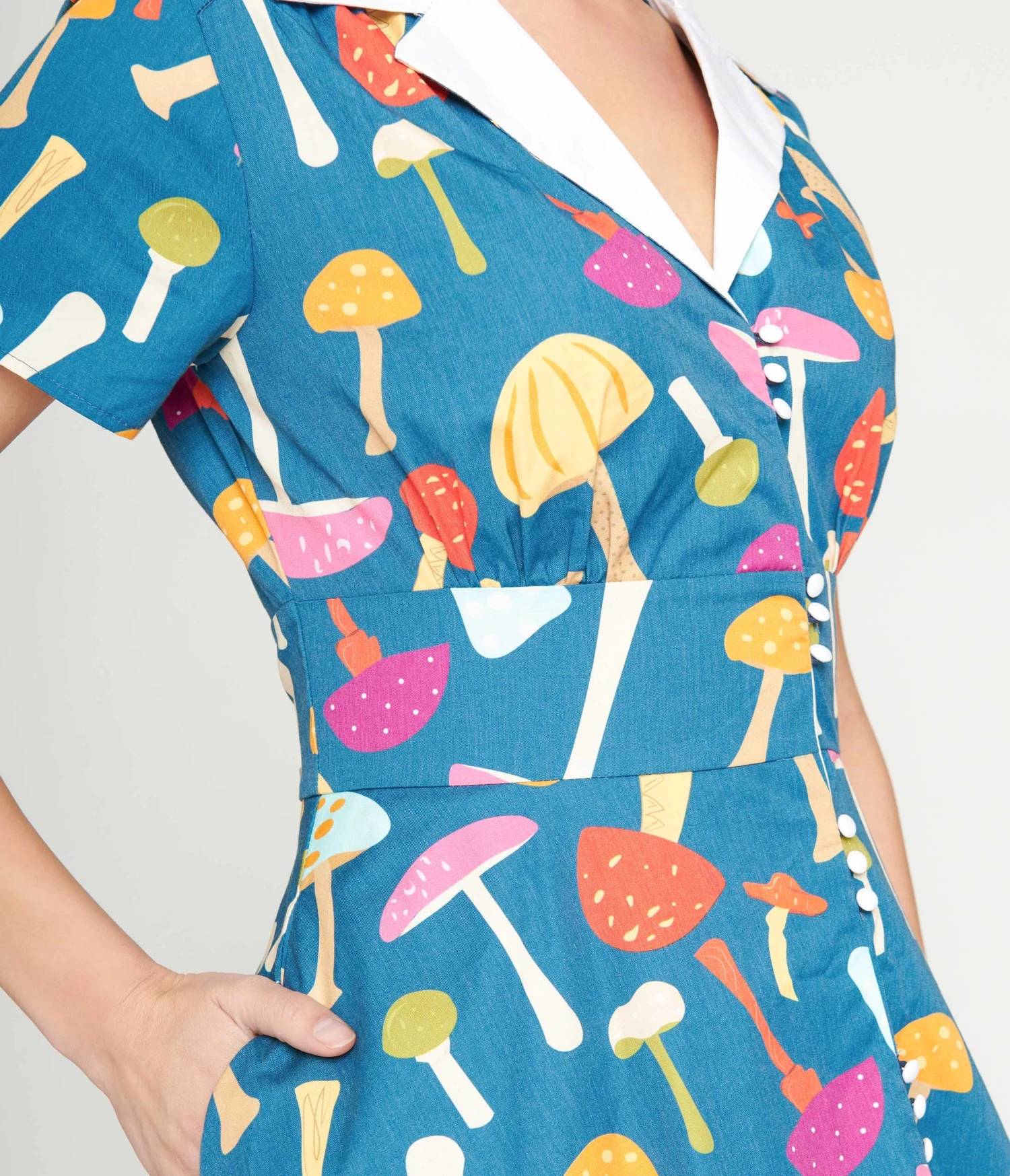 Unique Vintage Teal & Multicolor Mushroom Swing Dress - Image 2