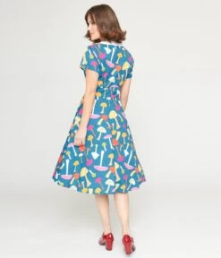 Unique Vintage Teal & Multicolor Mushroom Swing Dress -New Dress Store unique vintage teal multicolor mushroom swing dress 871402