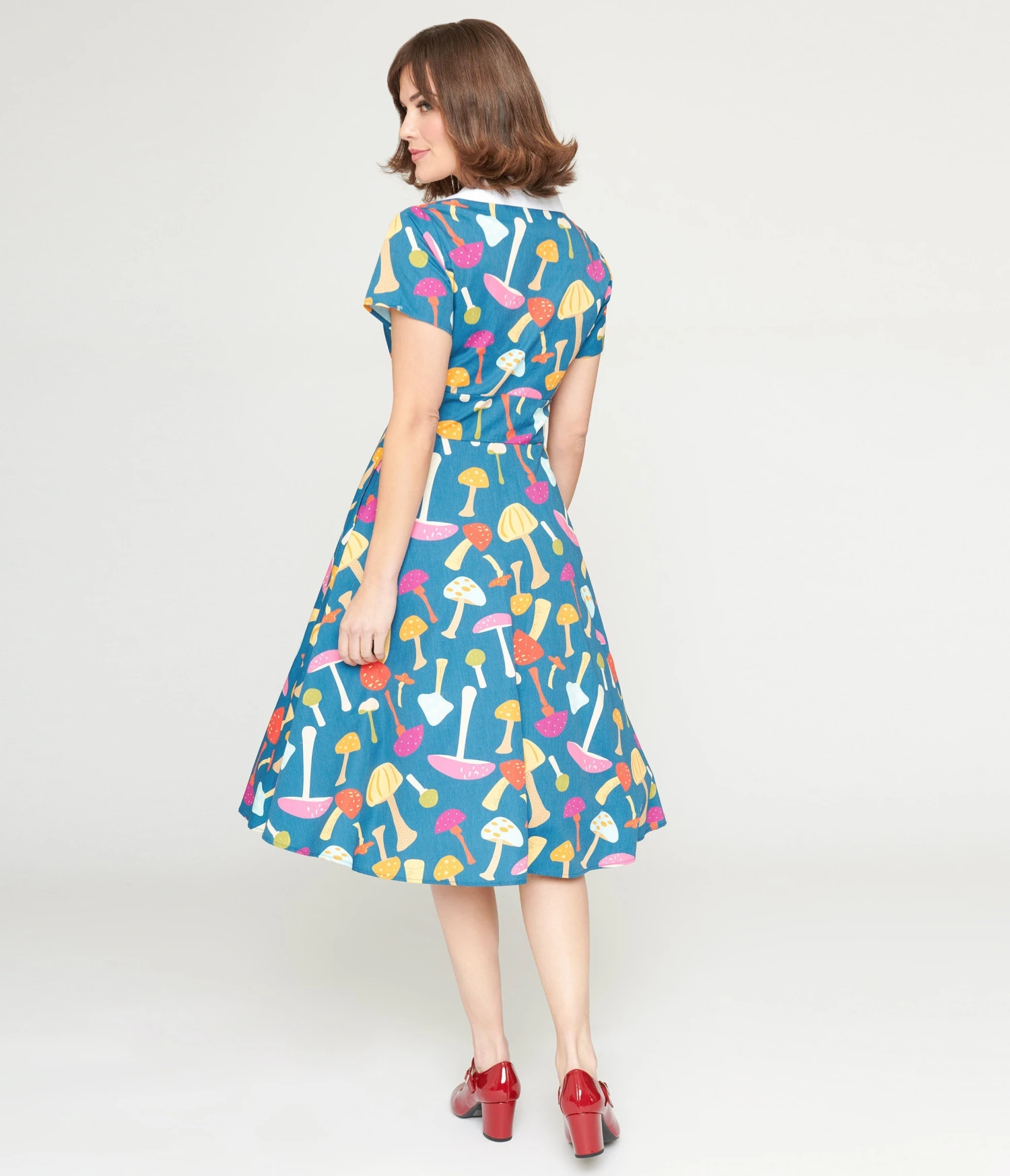 Unique Vintage Teal & Multicolor Mushroom Swing Dress - Image 3