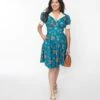 Unique Vintage Teal & Red Floral Chain Print Swing Dress