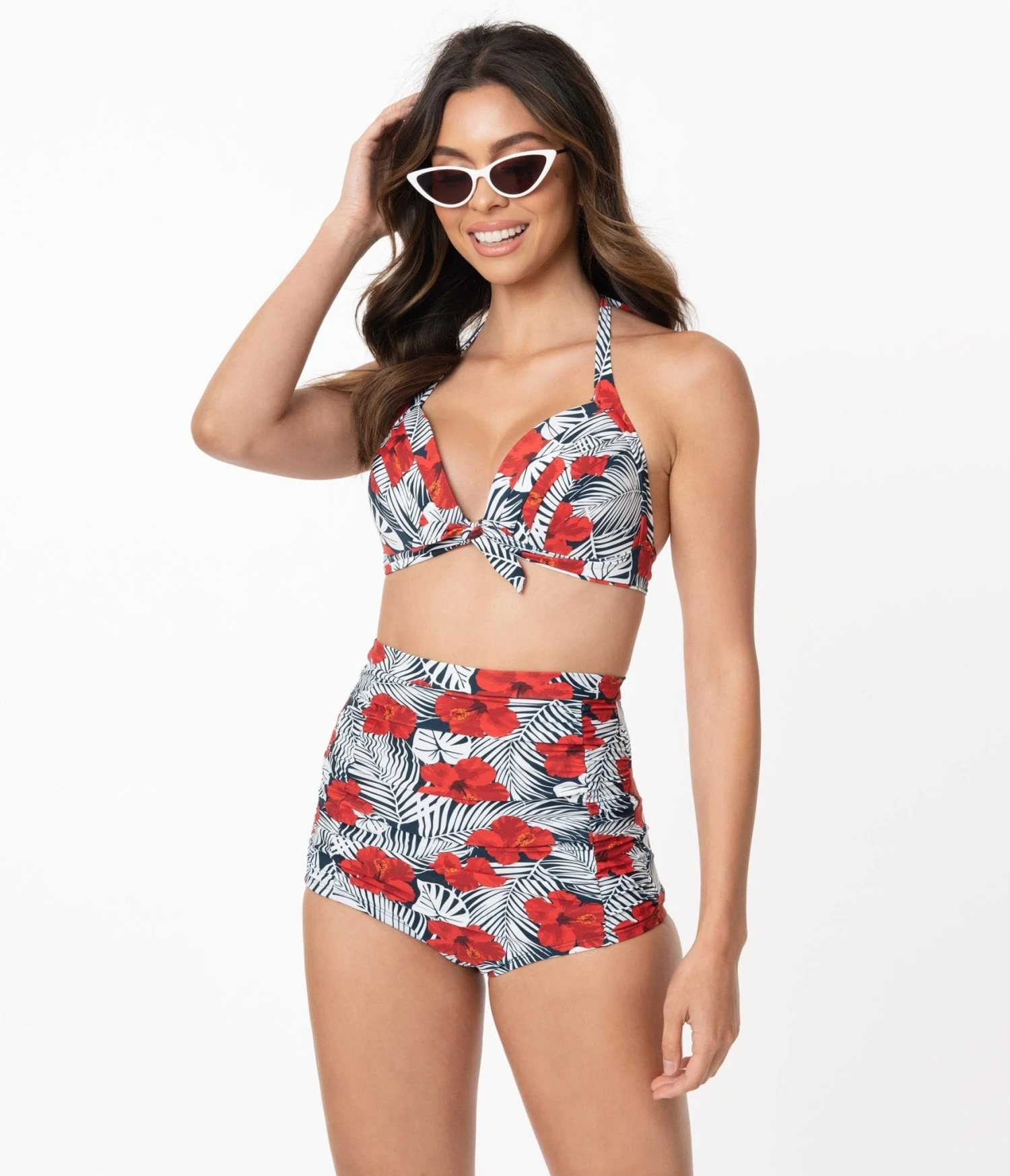 Unique Vintage Tropical Print & Red Hibiscus Monroe High Waist Swim Bottom 4 Unique Vintage Tropical Print & Red Hibiscus Monroe High Waist Swim Bottom - Image 4