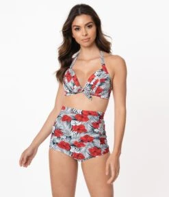 Unique Vintage Tropical Print & Red Hibiscus Monroe High Waist Swim Bottom