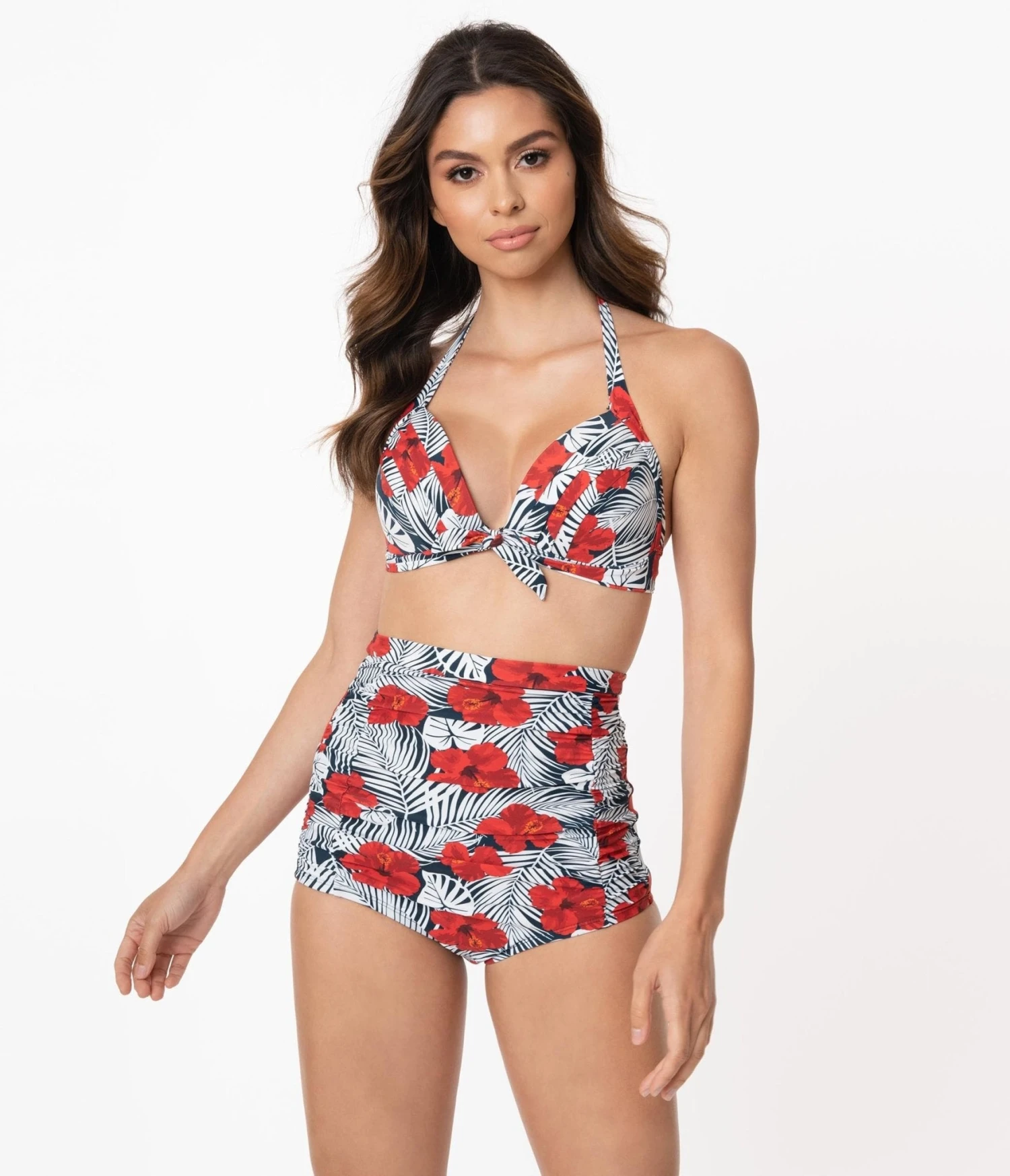 Unique Vintage Tropical Print & Red Hibiscus Monroe High Waist Swim Bottom 1 Unique Vintage Tropical Print & Red Hibiscus Monroe High Waist Swim Bottom