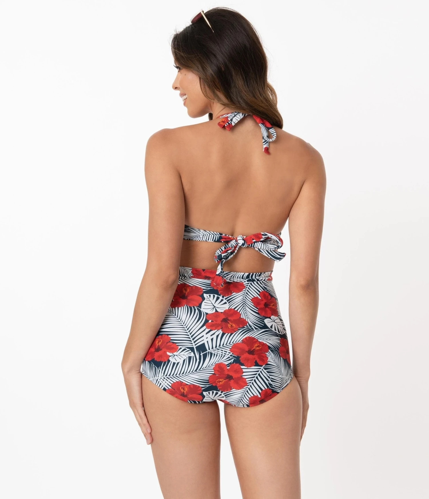 Unique Vintage Tropical Print & Red Hibiscus Monroe High Waist Swim Bottom 3 Unique Vintage Tropical Print & Red Hibiscus Monroe High Waist Swim Bottom - Image 3