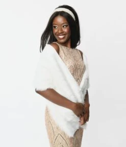 Unique Vintage White Faux Fur Stole Wrap
