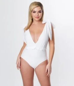 Unique Vintage White Plunge One Piece Swimsuit -New Dress Store unique vintage white plunge one piece swimsuit 631913