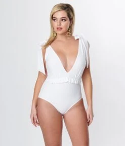 Unique Vintage White Plunge One Piece Swimsuit -New Dress Store unique vintage white plunge one piece swimsuit 918454