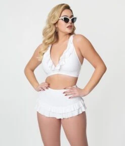 Unique Vintage White Ruffle Halter Swim Top -New Dress Store unique vintage white ruffle halter swim top 357143