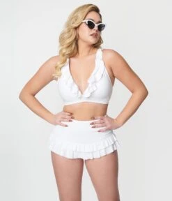 Unique Vintage White Ruffle Halter Swim Top -New Dress Store unique vintage white ruffle halter swim top 393960