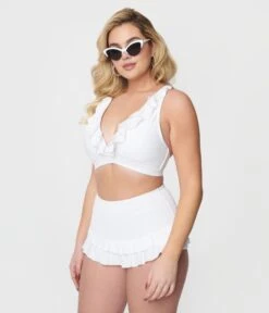 Unique Vintage White Ruffle Halter Swim Top -New Dress Store unique vintage white ruffle halter swim top 973314