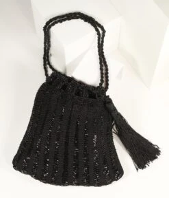 Vintage Style Black Beaded & Crochet Tassel Purse -New Dress Store vintage style black beaded crochet tassel purse 298911