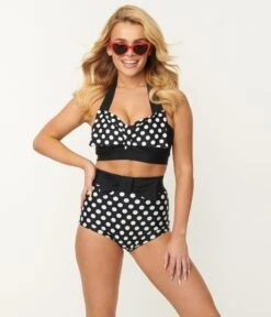 Vintage Style Black & White Polka Dot Swim Bottom