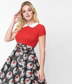 Vintage Style Red & White Collar Sweater Knit Top