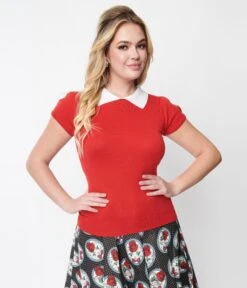 Vintage Style Red & White Collar Sweater Knit Top -New Dress Store vintage style red white collar sweater knit top 405991