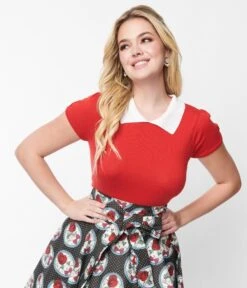 Vintage Style Red & White Collar Sweater Knit Top -New Dress Store vintage style red white collar sweater knit top 800637