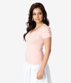 Voodoo Vixen Blush Pink Gathered Bow Short Sleeve Savannah Top 9 Voodoo Vixen Blush Pink Gathered Bow Short Sleeve Savannah Top -New Dress Store voodoo vixen blush pink gathered bow short sleeve savannah top 271079