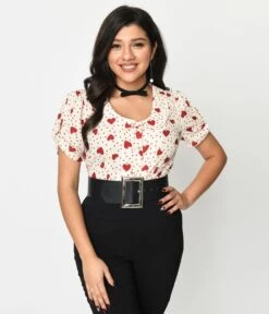 Voodoo Vixen Cream & Heart Polka Dot Button Up Blouse