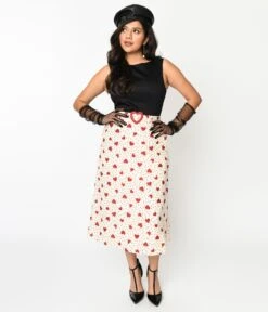 Voodoo Vixen Cream & Heart Polka Dot Midi Skirt