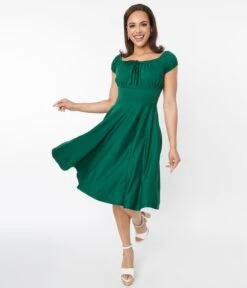 Voodoo Vixen Emerald Green Puff Sleeve Swing Dress -New Dress Store voodoo vixen emerald green puff sleeve swing dress 291495