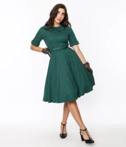 Voodoo Vixen Green Gingham Belted Swing Dress