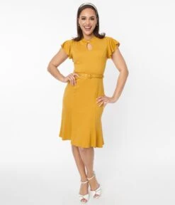 Voodoo Vixen Mustard Flutter Sleeve Fit & Flare Dress -New Dress Store voodoo vixen mustard flutter sleeve fit flare dress 670156