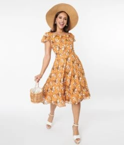 Voodoo Vixen Mustard & White Floral Swing Dress -New Dress Store voodoo vixen mustard white floral swing dress 560338