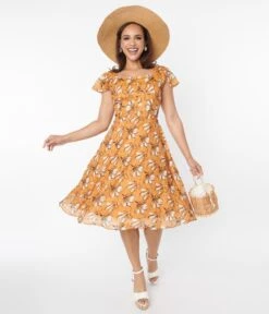 Voodoo Vixen Mustard & White Floral Swing Dress -New Dress Store voodoo vixen mustard white floral swing dress 827141