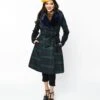 Voodoo Vixen Navy & Green Tartan Fur Collar Dress Coat