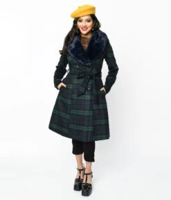 Voodoo Vixen Navy & Green Tartan Fur Collar Dress Coat