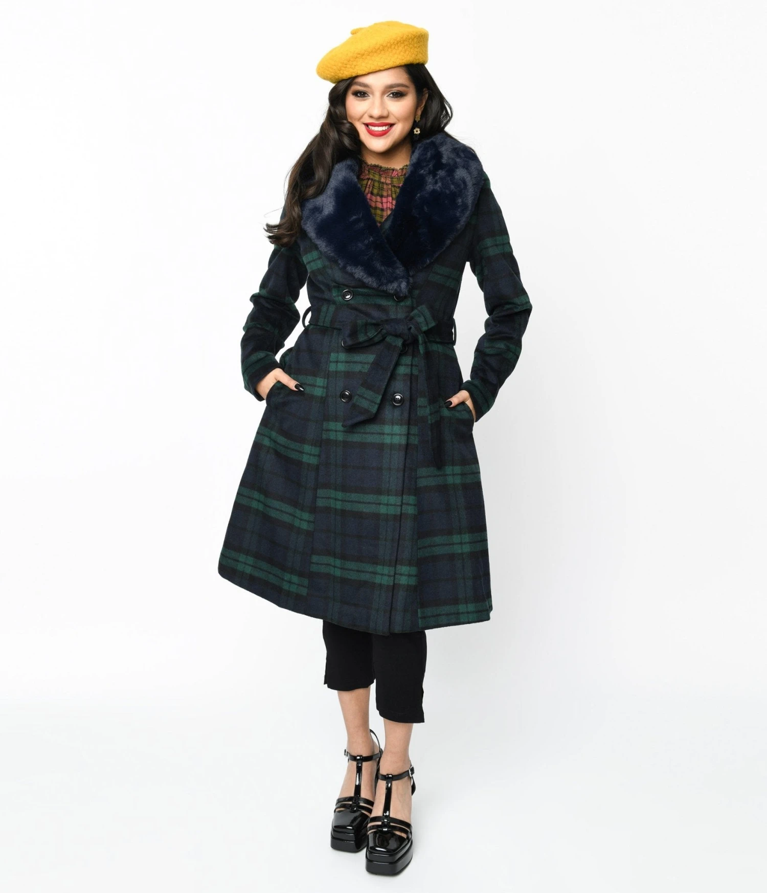 Voodoo Vixen Navy & Green Tartan Fur Collar Dress Coat 1 Voodoo Vixen Navy & Green Tartan Fur Collar Dress Coat