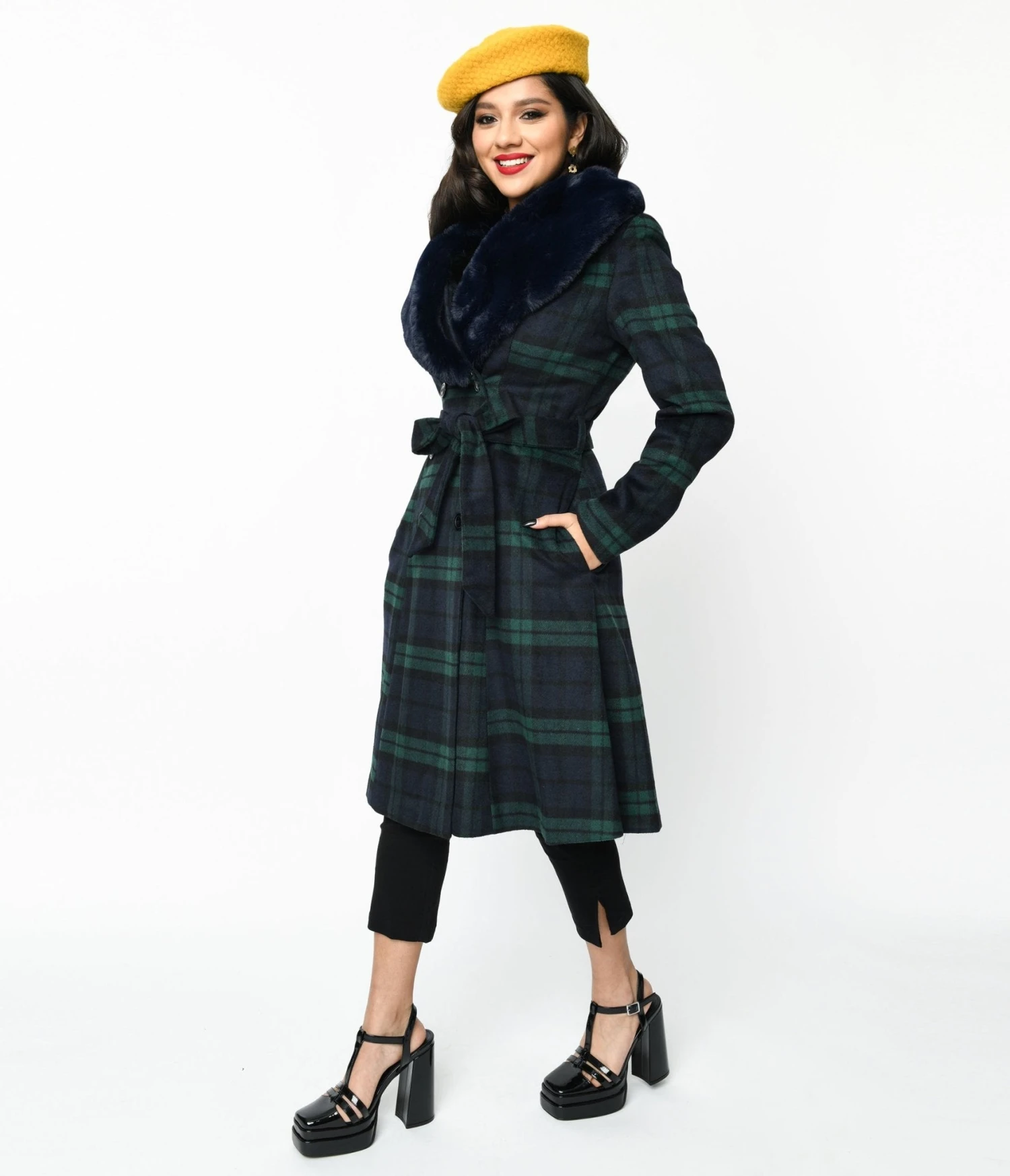 Voodoo Vixen Navy & Green Tartan Fur Collar Dress Coat 2 Voodoo Vixen Navy & Green Tartan Fur Collar Dress Coat - Image 2