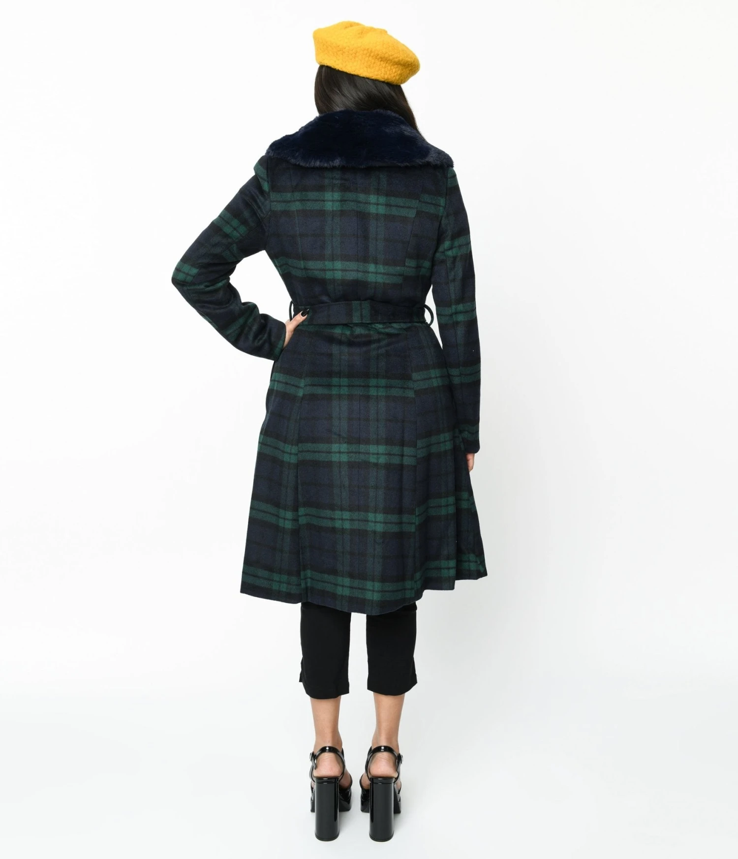 Voodoo Vixen Navy & Green Tartan Fur Collar Dress Coat 3 Voodoo Vixen Navy & Green Tartan Fur Collar Dress Coat - Image 3