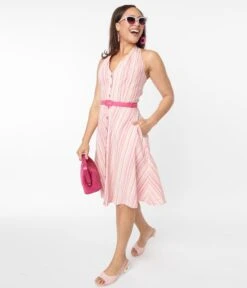 Voodoo Vixen Pink Striped Halter Swing Dress 9 Voodoo Vixen Pink Striped Halter Swing Dress -New Dress Store voodoo vixen pink striped halter swing dress 214099