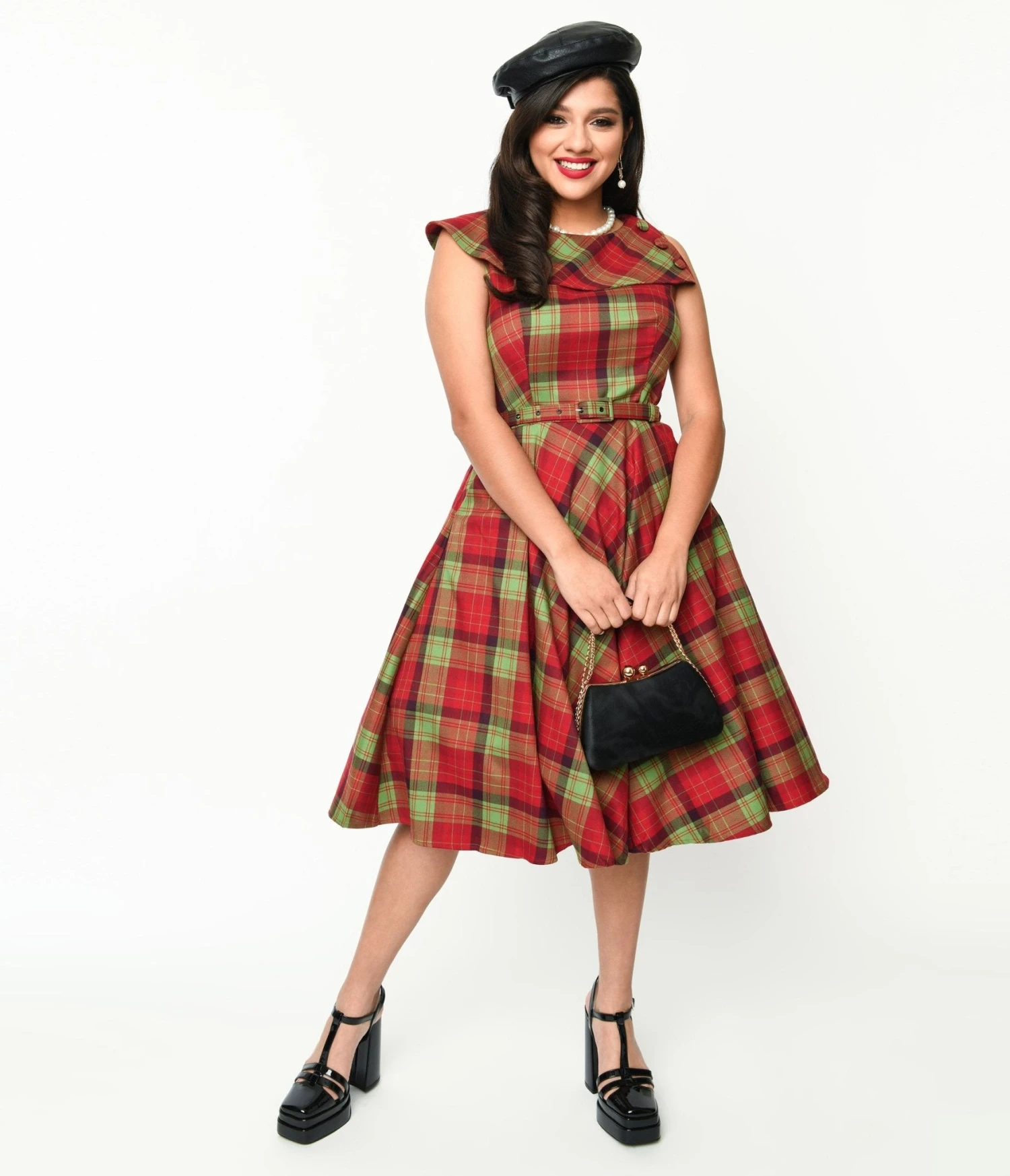 Voodoo Vixen Red & Green Plaid Belted Swing Dress 1 Voodoo Vixen Red & Green Plaid Belted Swing Dress