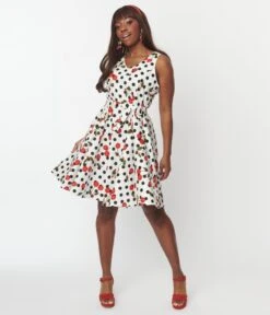 White & Black Polka Dot Cherries Swing Dress 9 White & Black Polka Dot Cherries Swing Dress -New Dress Store white black polka dot cherries swing dress 789471