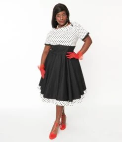 White & Black Polka Dot Retro Swing Dress