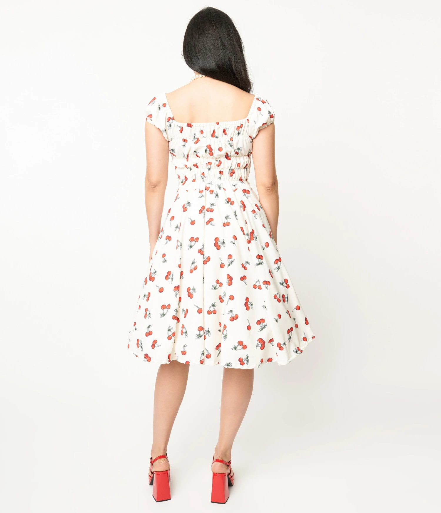 White & Cherry Print Off The Shoulder Swing Dress 3 White & Cherry Print Off The Shoulder Swing Dress - Image 3