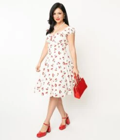 White & Cherry Print Off The Shoulder Swing Dress