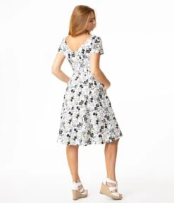 White Floral Bee Print Swing Dress -New Dress Store white floral bee print swing dress 615323