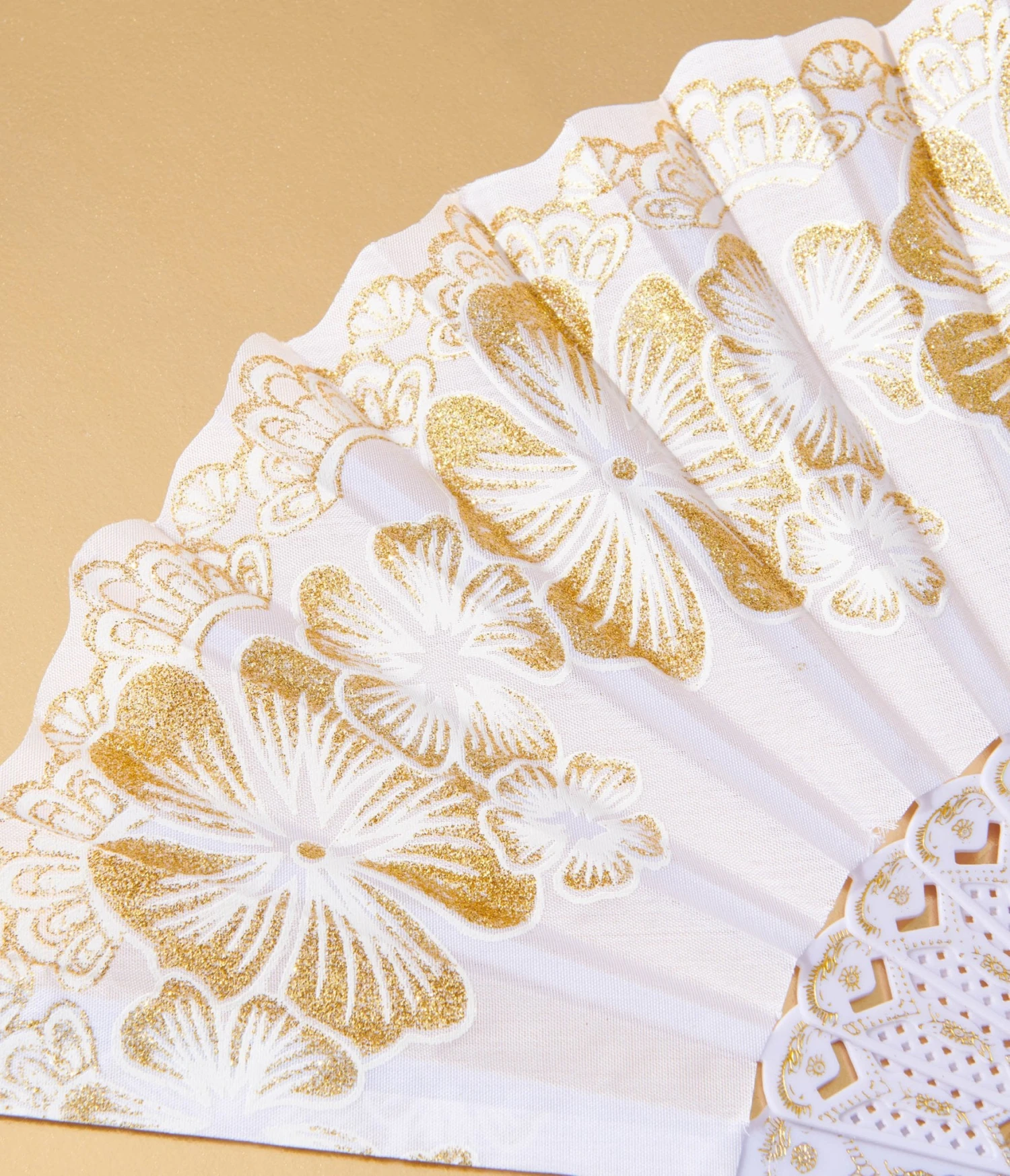 White & Gold Floral Glitter Hand Fan 2 White & Gold Floral Glitter Hand Fan - Image 2