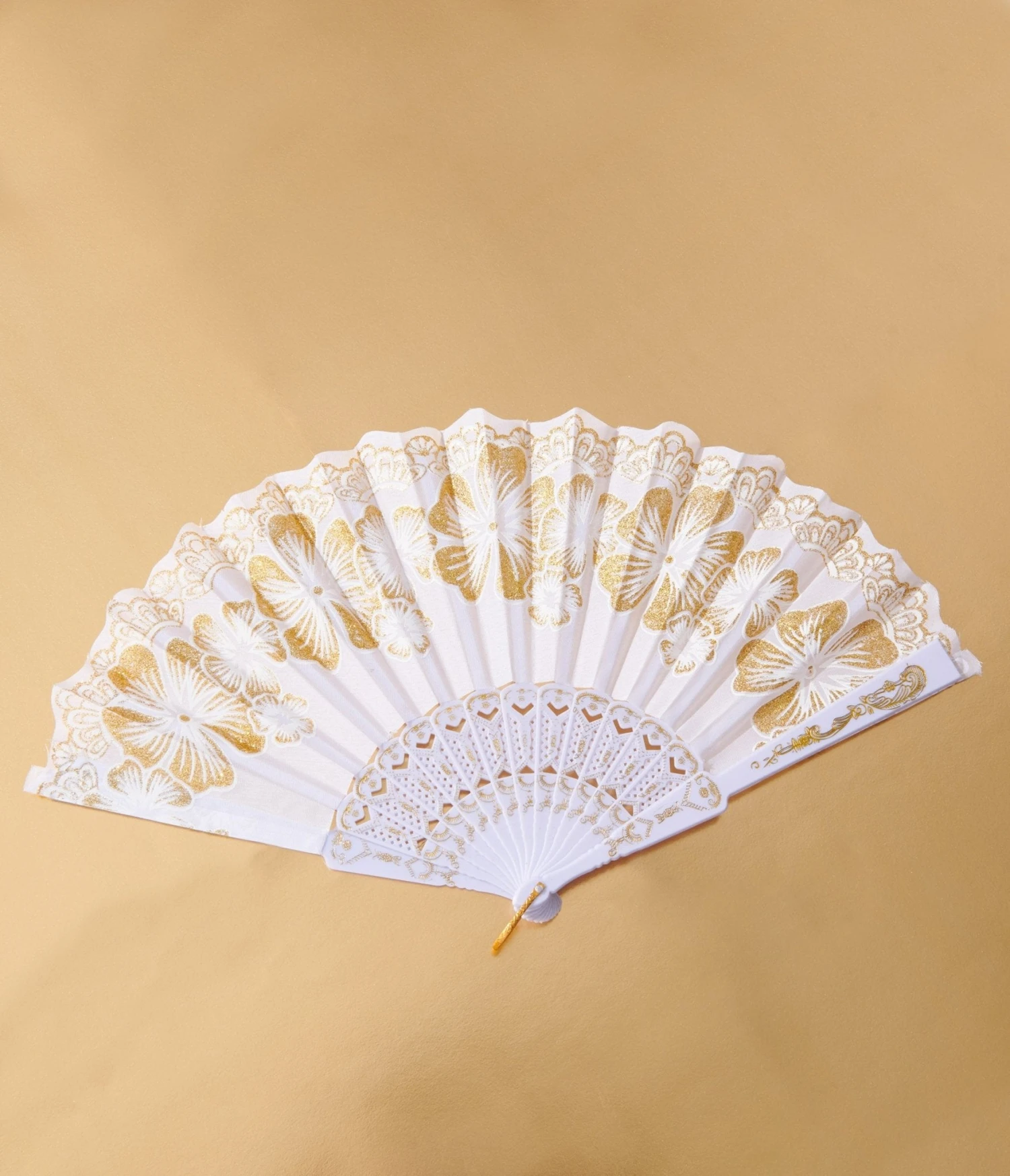 White & Gold Floral Glitter Hand Fan 1 White & Gold Floral Glitter Hand Fan
