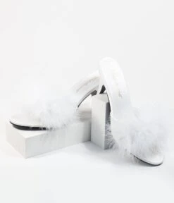 PLEASER White Marabou Feather Peep Toe Slipper Heel -New Dress Store white marabou feather peep toe slipper heel 199921