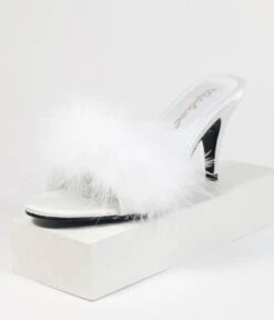 PLEASER White Marabou Feather Peep Toe Slipper Heel -New Dress Store white marabou feather peep toe slipper heel 253409