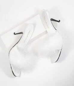 PLEASER White Marabou Feather Peep Toe Slipper Heel
