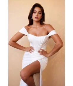 Cinderella Divine White Off The Shoulder Corset Satin Bridal Gown -New Dress Store white off the shoulder corset satin bridal gown 411937