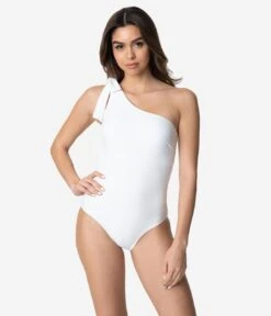 White One Shoulder Bow One Piece Swimsuit -New Dress Store white one shoulder bow one piece swimsuit 367956