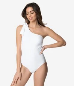 White One Shoulder Bow One Piece Swimsuit -New Dress Store white one shoulder bow one piece swimsuit 491192