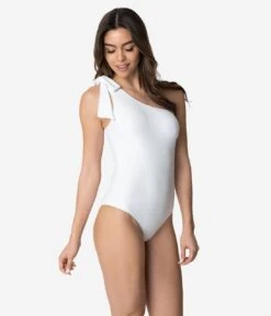 White One Shoulder Bow One Piece Swimsuit -New Dress Store white one shoulder bow one piece swimsuit 841652