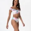 White & Pink Palm Leaf Print Bardot High Waist Brief Swim Bottoms