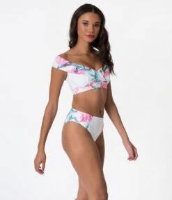 White & Pink Palm Leaf Print Bardot High Waist Brief Swim Bottoms